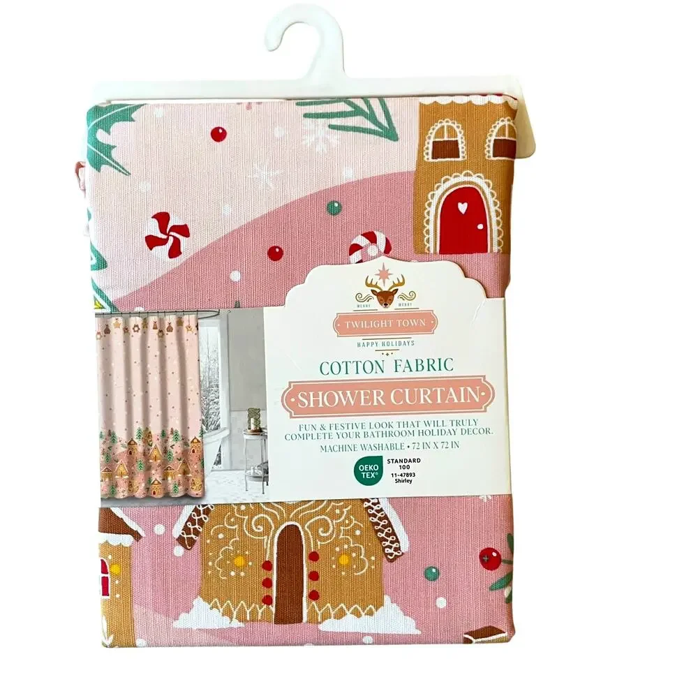 Pink Christmas GINGERBREAD HOUSE Shower Curtain 72x72 Holiday Glam NEW